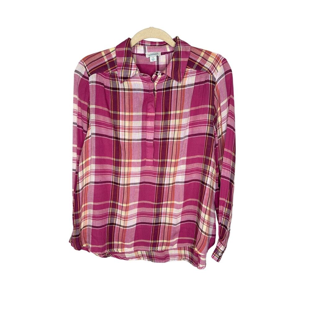 Sundance Shirt Womens S Pink White Plaid Hidden Button Collared Long Sleeve Top